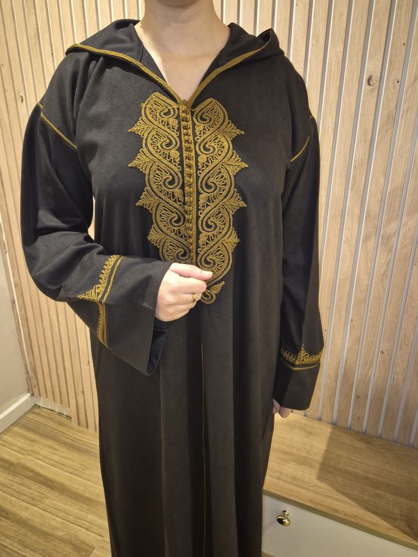 Djellaba noire en simili daim brodée kaki